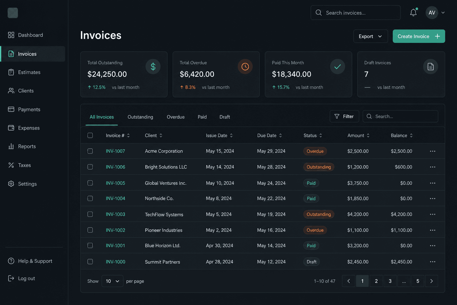 Invoicing workspace preview in dark mode