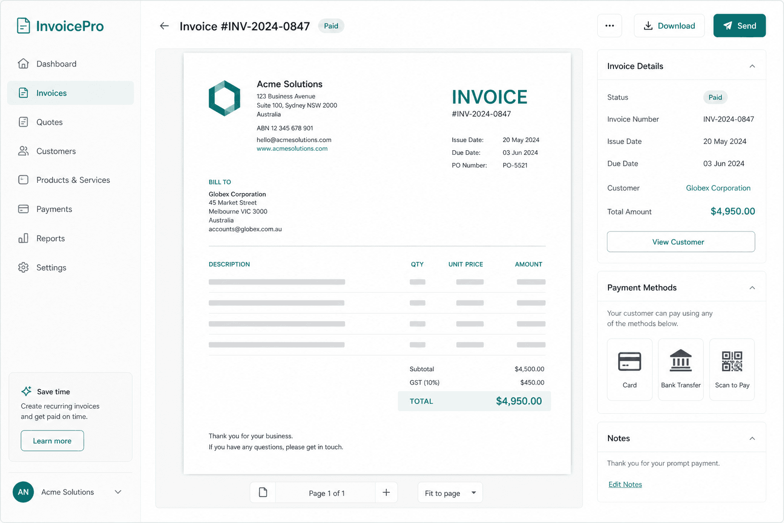 Illustration of invoicing and payment options in one clear flow